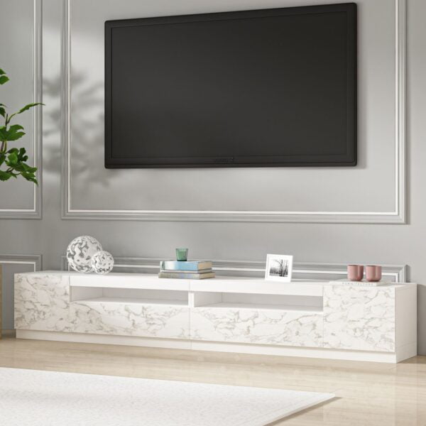 TV Lowboard Weiss mit LED Beleuchtung Marmor Optik 9079